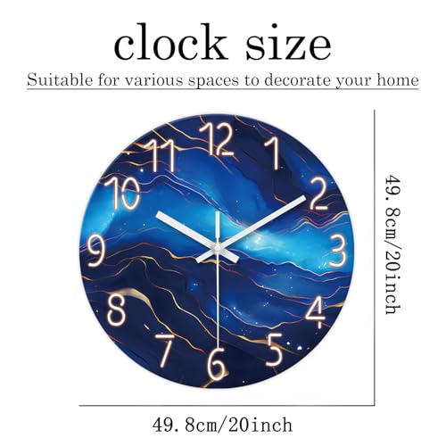 Blue Glass Wall Clocks Battery Operated 20 Inch | Marble Large Wall Clocks for Living Room Round Non Ticking Wall Clock Silent - color: Blue1, size: 20 Inch