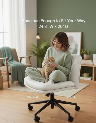 Marsail Armless-Office Desk Chair with Wheels: PU Leather Cross Legged Wide Chair,Comfortable Adjustable Swivel Task Chairs for Home,Office,Make Up,Small Space,Bed Room(Light Beige) - color: Light Beige