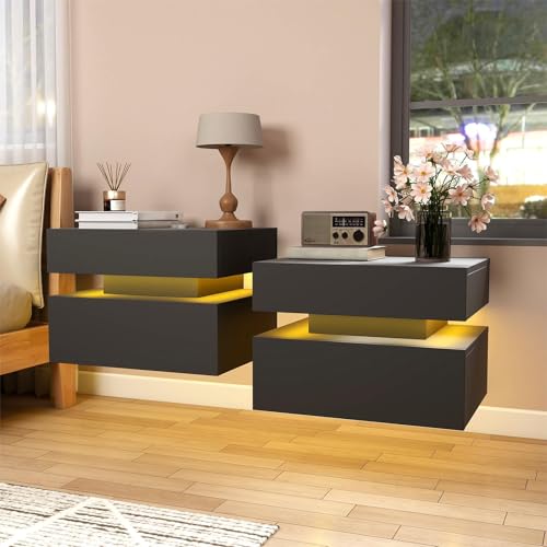 Floating Nightstand Set of 2,Modern Bedside Tables with LED Light for Bedroom,Small Night Stands with Drawers, Wall Mounted End SideTables Set for Living Room - color: Black
