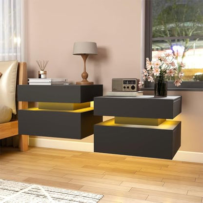 Floating Nightstand Set of 2,Modern Bedside Tables with LED Light for Bedroom,Small Night Stands with Drawers, Wall Mounted End SideTables Set for Living Room - color: Black