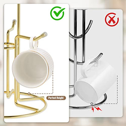HULISEN Mug Tree for Large Cups, 6 Hook Countertop Coffee Mug Holder, Gold | Cup Rack for Counter, Stable Wide Base, Metal Stand for Kitchen Coffee Bar Display, Space-Saving, No Assembly Required - color: Gold