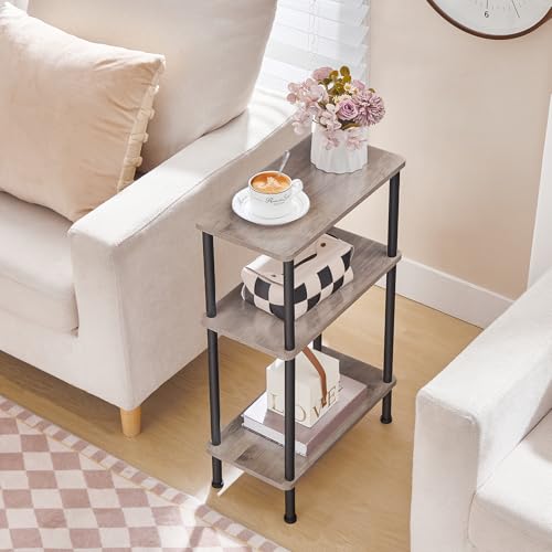 HOOBRO Narrow Side Table, 3-Tier Slim End Table No Tools Needed, Twist-On Assembly, Skinny Nightstand Sofa Storage Shelf for Living Room, Bedroom, Study, Greige and Black BG246BZ01 - color: Greige + Black