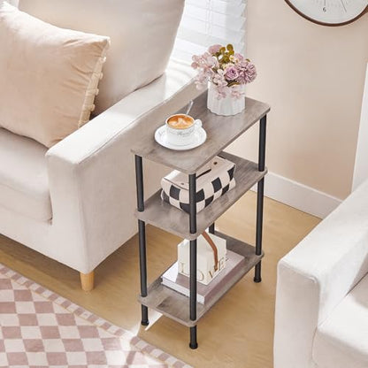 HOOBRO Narrow Side Table, 3-Tier Slim End Table No Tools Needed, Twist-On Assembly, Skinny Nightstand Sofa Storage Shelf for Living Room, Bedroom, Study, Greige and Black BG246BZ01 - color: Greige + Black