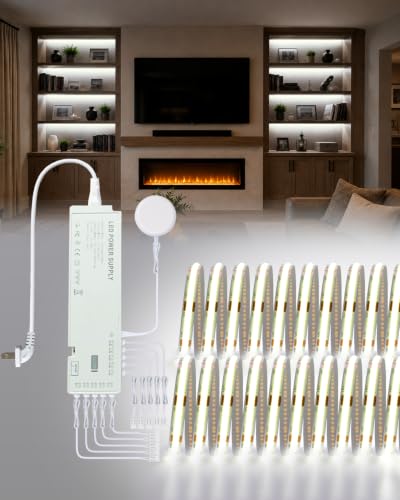 JUSJUBR Display Cabinet Lights, 32.8ft 24V Dimmable Cuttable COB LED Strip Lights, Cold White 6000K, Under Cabinet Lighting for Shelves, Bookshelves, Display Cases, Cabinets, Kitchens and Closets - color: Cold White 6000K, size: 2*16.4ft 24V COB Light