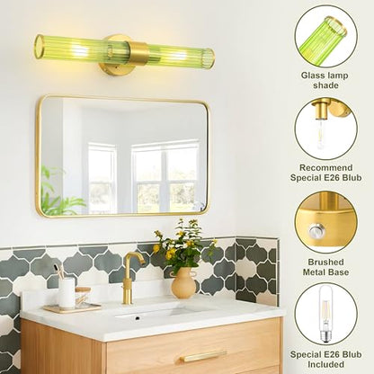 Morauroral Gold Battery Operated Wall Sconces Set of 2, Rechargeable Wall Lights with Remote Control, 20 Inch Modern Wireless Wall Lamp for Bedroom, Living Room with Green Shade (Bulbs Included) - color: Gold （Green Glass）