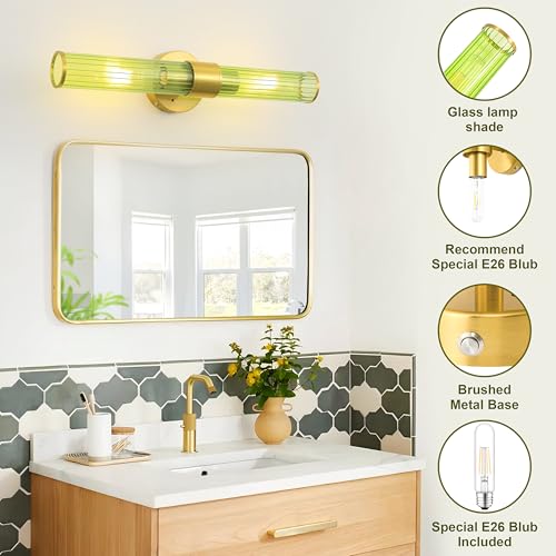 Morauroral Gold Battery Operated Wall Sconces Set of 2, Rechargeable Wall Lights with Remote Control, 20 Inch Modern Wireless Wall Lamp for Bedroom, Living Room with Green Shade (Bulbs Included) - color: Gold （Green Glass）