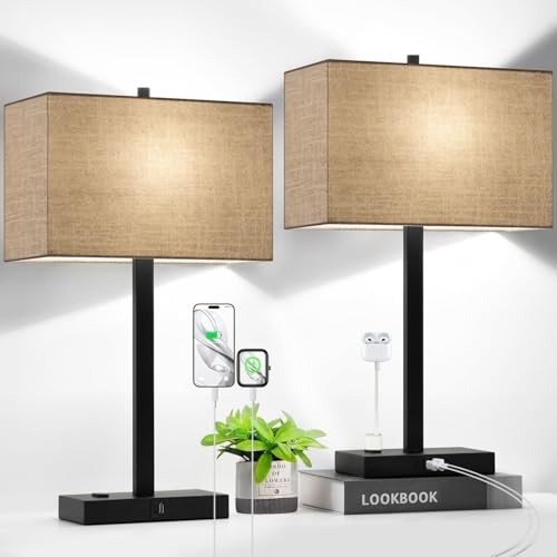 21" Set of 2 Table lamp with USB A+C & AC Outlets, Touch Control 3-Way Dimmable Nightstand Lamps for Bedroom Living Room Office Reading, Champagne Gold Shade Touch Lamps, 5000K LED Bulbs Included - color: (2 Pack)Champagne Gold & Matte Black (Base)-Two 50