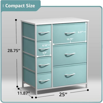 Sorbus Dresser with 7 Drawers - Furniture Storage Chest for Kid’s, Teens, Bedroom, Nursery, Playroom, Clothes, Toys - Steel Frame, Wood Top, Tie-dye Fabric Bins (7-Drawer, Pastel Aqua) - color: Pastel Aqua