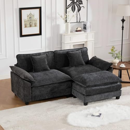81.9'' Modern Sectional Couch with Double Layer Upholstered Seat Cushion, Chenille LoveSeat Sofa Couch with Wider Armrest and Cushions, Living Room, Bedroom, Apartment, Easy Assembly, Black - color: Black