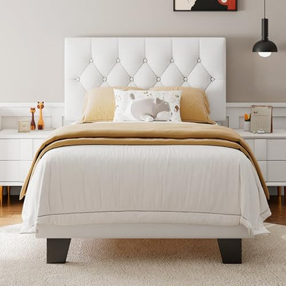 Feonase Velvet Twin Size Bed Frame with Button Tufted Headboard, Upholstered Bed with Wooden Slats Support, No Box Spring Needed, Easy Assembly, Noise-Free, White - color: White, size: Twin