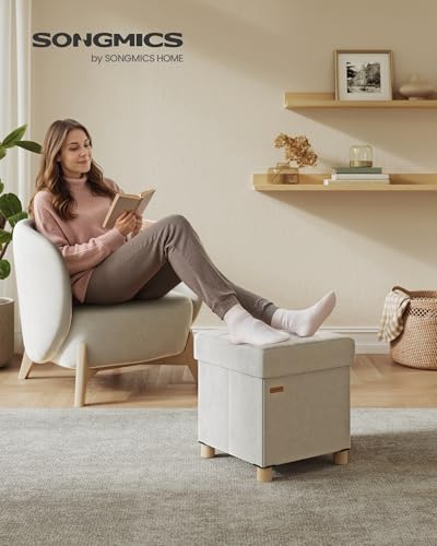 SONGMICS Small Storage Ottoman, Folding Ottoman Cube, 15 x 15 x 15.7 Inches, Footstool, Footrest, 10 Gal. (37 L), Velvet Surface, for Bedroom, Living Room, Dorm, Cappuccino Beige ULSF0516W02 - color: Cream White