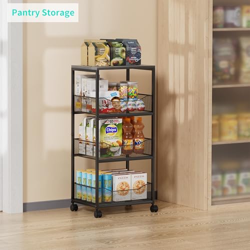 HapiRm Fruit Basket Kitchen Cart - 4-Tier Rolling Storage Cart with Wheels, Fruit Vegetable Basket with Wood Top, Pantry Utility Kitchen Organizer for Fruit Potato Onion Vegetable Bread Snack - color: Grey