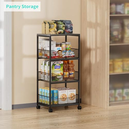 HapiRm Fruit Basket Kitchen Cart - 4-Tier Rolling Storage Cart with Wheels, Fruit Vegetable Basket with Wood Top, Pantry Utility Kitchen Organizer for Fruit Potato Onion Vegetable Bread Snack - color: Grey