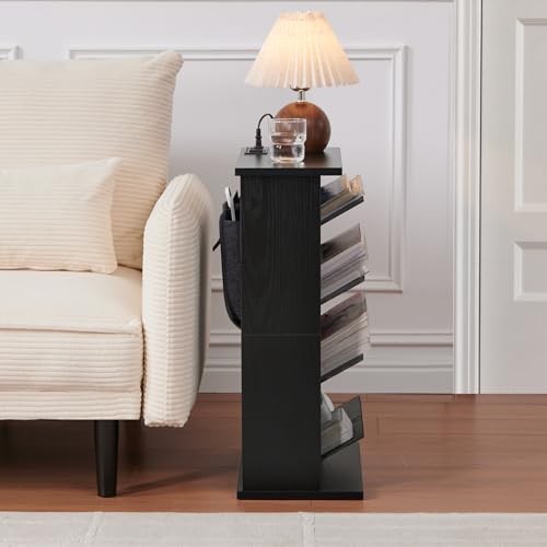 Narrow Side Table with Charging Station Slim End Table with Magazine Book Holder Organizer Rack & Storage Bag, Small Space Skinny Thin Nightstand Couch Sofa Bed Side Table for Bedroom, Living Room
