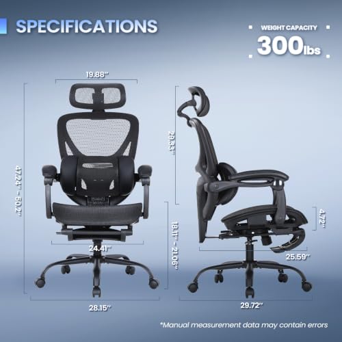 MALOL Ergonomic Mesh Office Chair with Footrest, Executive High Back Computer Desk Chair with 3D Adjustable Headrest & 5-Level Lumbar Support, Track Armrest, Tilt Lock, 300LBS, Black - color: Black