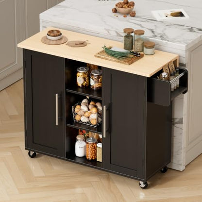 DUMOS 42in Kitchen Island with Storage, Drop Leaf, Spice Rack, Towel Rack | Rolling Cart on Wheels, Adjustable Shelves, Wood, Mobile Utility Serving Table, Living Room, Dining Room, Black - color: Black