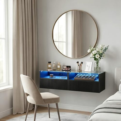 Arbuxzuy Floating Nightstand Set of 2 with Charging Station and Drawer | Black Modern Wall Mounted Bedside Table set owith Open Shelf, Floating Nightstand Made of Minimalist Wood & Glass for Bedrom