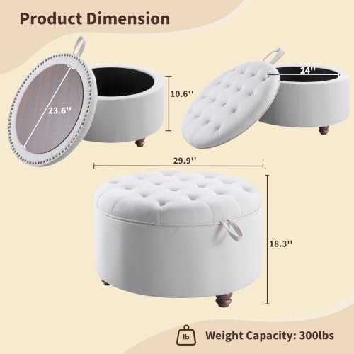 30" Round Storage Ottoman Coffee Table, Tufted Lid & Wood Top, Beige | Nailhead Trim Solid Wood Legs Extra Large Footrest Linen-Like Fabric - color: Beige