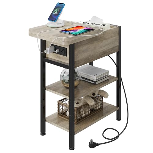 WLIVE 3-Tier End Table with Charging Station Flip Top Narrow Nightstand | 2 USB Ports+2 AC Outlets; Flip Top Hidden Storage; 2 Open Shelves; Small Space Living Room Bedroom; Sturdy Carbon Steel Frame - color: Greige