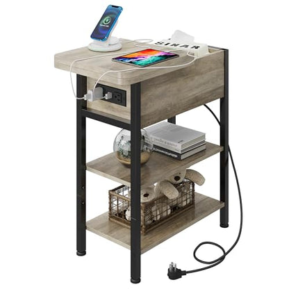 WLIVE 3-Tier End Table with Charging Station Flip Top Narrow Nightstand | 2 USB Ports+2 AC Outlets; Flip Top Hidden Storage; 2 Open Shelves; Small Space Living Room Bedroom; Sturdy Carbon Steel Frame - color: Greige