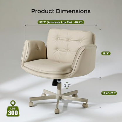 amseatec Criss Cross Office Chair, Swivel Makeup Vanity Chair with Wheels | Wide PU seat supports cross-legged, fidget-friendly sitting; 5-level armrests create pet space; wipe-clean finish eases care - color: Cream Beige