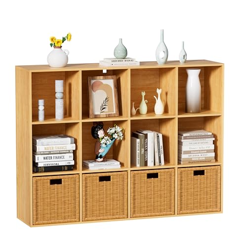 12 Cube Storage Organizer, 11 in Oak Cube Shelf, Wood Cubby Storage Organizer with Back Panel & Open Compartments, Vertical or Horizontal Cube Bookshelf Bookcase for Living Room, Bedroom, Entryway - color: Oak, size: 12 Cube-11in