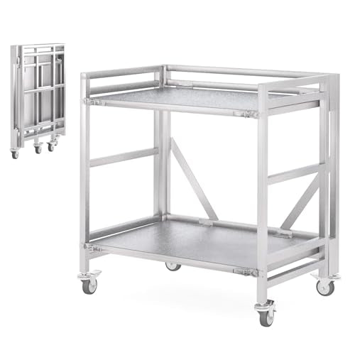 2 Shelf Rolling Cart with Wheels, 660lbs Capacity Collapsible Steel Rolling Utility Cart, Heavy-Duty Foldable Workbench, Metal Rolling Storage Cart with Handle for Groceries, Warehouse (36" Lx26 W) - color: Plate