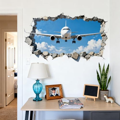 3D Breaking Airplane Wall Decals, Wall Stickers Decor | 2 Sheets 11.8"x37.8" Vinyl Removable Peel and Stick Murals, Plant Decor for Bedroom, Bathroom, Office, Classroom & Home - style: 3D Breaking Airplane