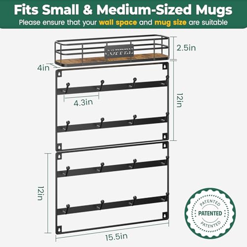 EsLuker.ly Coffee Mug Holder Wall Mounted Display Rack, Black | Metal Cup Hanger Organizer with16 Hooks, Wood Rustic Shelf for Coffee Bar Home Kitchen, Space Saving Wall Storage - style: 16 Hooks with Metal Basket