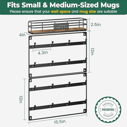 EsLuker.ly Coffee Mug Holder Wall Mounted Display Rack, Black | Metal Cup Hanger Organizer with16 Hooks, Wood Rustic Shelf for Coffee Bar Home Kitchen, Space Saving Wall Storage - style: 16 Hooks with Metal Basket