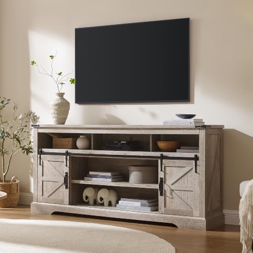 OKD 70" Farmhouse TV Stand for TVs up to 80", Light Rustic Oak | 33" Tall, Rustic Entertainment Center, Sliding Barn Door, Large Open Storage Shelf, 2 Storage Cabinets, Living Room, Bedroom - color: Light Rustic Oak