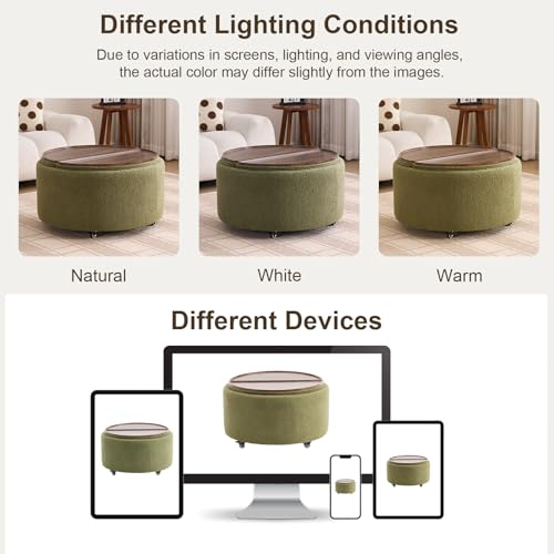 29.5" Round Storage Ottoman Coffee Table, Dual Reversible Lids, Green | Round Ottoman Coffee Table, Swivel Casters, Hidden Storage, Dual Lift-Off Lids, Teddy Fabric, Living Room, Bedroom - color: Green