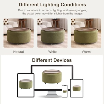29.5" Round Storage Ottoman Coffee Table, Dual Reversible Lids, Green | Round Ottoman Coffee Table, Swivel Casters, Hidden Storage, Dual Lift-Off Lids, Teddy Fabric, Living Room, Bedroom - color: Green