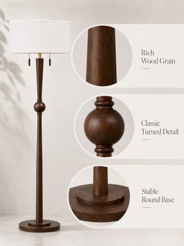 MOFFE Solid Wood Floor Lamp for Living Room,Pull Chains Standing Lamp | 62.8" Tall,17" White Drum Shade,Sculptural Wood Base & Stem,2-Light Design,Standing Lamp for Bedroom,2 Bulbs Included - color: Espresso Walnut