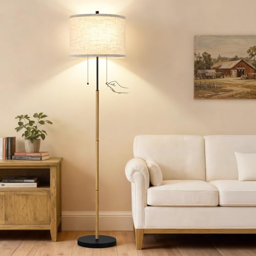 Luvkczc Floor Lamp, 62" Standing Lamp Tall Lamp with Fabric Lampshade&Pull Chain Corner Floor Lamps for Living Room, Bedroom,Office, Wood Grain 2 Bulb Socket - color: Black+Wood Grian