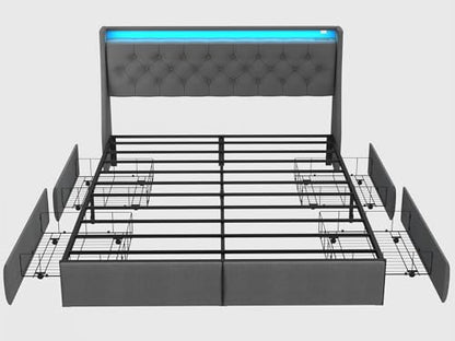 SADENICEL Queen Bed Frame with 4 Storage Drawer, Queen Size Bed Frame, Grey | Headboard with Charging Station and LED Lights, Metal Platform Bed with Storage Shelf, Noise Free, No Box Spring Needed - size: Queen, style: 4 Storage Drawer