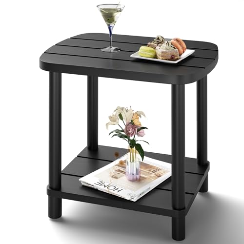 Outdoor Side Table with 2-Tier, Bamboo Small Patio Adirondack Oval Tables | Black,Easy Assembly,Easy Maintenance,Weather Resistant,Indoor,Outdoor,Patio,Pool,Porch - color: Black, size: Oval Table