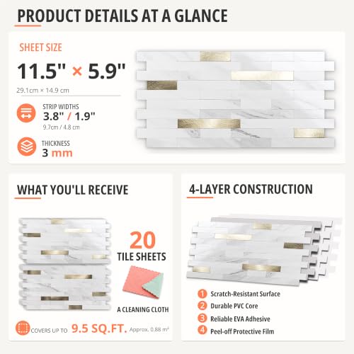 StyloVue 20 Sheets Peel and Stick Backsplash for Kitchen, Sparkle White Marble Look with Gold Metal, Glossy Finish, Stick on Tile for Kitchen Backsplash, RV, Fireplace - color: Sparkle White Marble