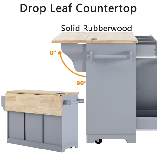Kitchen Island with Trash Can Storage & Pull-Out Trays | Solid Rubberwood Countertop Kitchen Island on Wheels, Drop Leaf, Power Outlet, 3 Drawers - color: Grey
