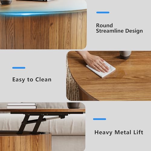kepptory Round Lift Top Coffee Table with LED Lights, Mid Century Modern Wooden Coffee Tables with 3 Storage Space, Circle Center Table for Living Rooms,Dining Room,Bedroom Home Office,APP LED Lights - color: Walnut2