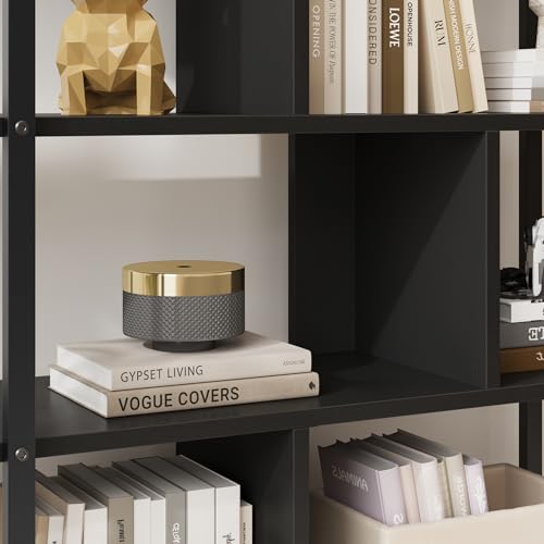 IDEALHOUSE 5 Tier Rattan Bookshelf with Storage Cabinet & Door, 71.1 Inch Tall Industrial Book Shelf with Open Display Shelves, 5 Shelf Bookcase with Metal Frame for Living Room, Bedroom -Black - color: Black