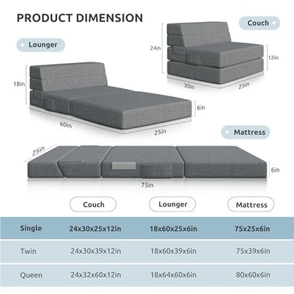 Youzi Folding Sofa Bed, Foldable Mattress for Bedroom and Living Room, 6 Inches Single Four-fold Floor Sofas for Guests, Sofa Bed Chair Floor Mattress with Washable Cover, Dark Gray, 75" x 25" x 6" - size: Single