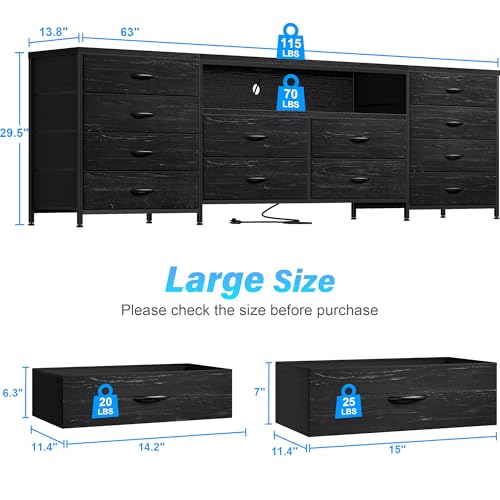 EnHomee 12 Drawers Dresser for Bedroom,TV Stand Fits 55/65/70 inch TVs | Entertainment Center with LED Lights & Power Outlets,Long Fabric Dresser with 2 Wood Shelves for Living Room,Black Wood Grain - color: Black Wood Grain