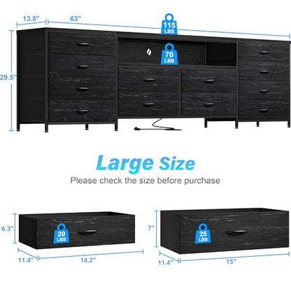EnHomee 12 Drawers Dresser for Bedroom,TV Stand Fits 55/65/70 inch TVs | Entertainment Center with LED Lights & Power Outlets,Long Fabric Dresser with 2 Wood Shelves for Living Room,Black Wood Grain - color: Black Wood Grain