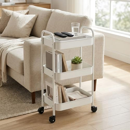 3-Tier Metal Rolling Cart with Smooth Casters, Lightweight Storage Utility Cart Mobile Organizer Rack, Multi-Purpose Basket Shelf for Kitchen, Bathroom, Closet, Pantry-White - color: White