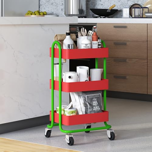 Metal Rolling Cart,3-Tier Metal Rolling Cart with Wheels,3 Tier Utility Cart with Wheels for Office,Home,Kitchen,Garden（13.4"x18.1"x31"） Red+Green - color: Red+green, size: 31"H