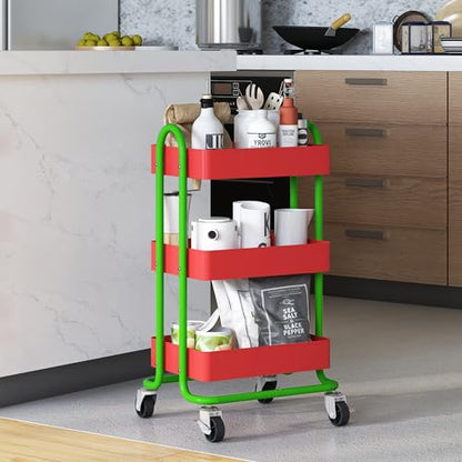 Metal Rolling Cart,3-Tier Metal Rolling Cart with Wheels,3 Tier Utility Cart with Wheels for Office,Home,Kitchen,Garden（13.4"x18.1"x31"） Red+Green - color: Red+green, size: 31"H