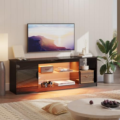 Bestier 57" Gloss Black Media Console - Gaming TV Stand for 65 Inch TV, Entertainment Center for PS5/Xbox Series X, Modern Home Theater Design, Adjustable Glass Shelves - color: Glossy Black