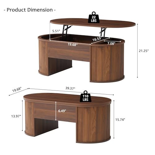 QHITTY Fluted Coffee Table with Lifting Top, Oval Wood Lift Top Coffee Table with Hidden Compartment, Mid Century Pull up Center Tables for Living Room, Office - Walnut - color: Round Table-walnut