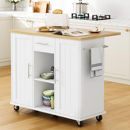 Shintenchi Kitchen Island with Storage, Bar Cart Cabinet Island Table on Wheels, Rolling Microwave Cart for Kitchen with Drop Leaf, Drawers, Towel Rack, Seating Area for Dining Room, White - color: White-42 Inch